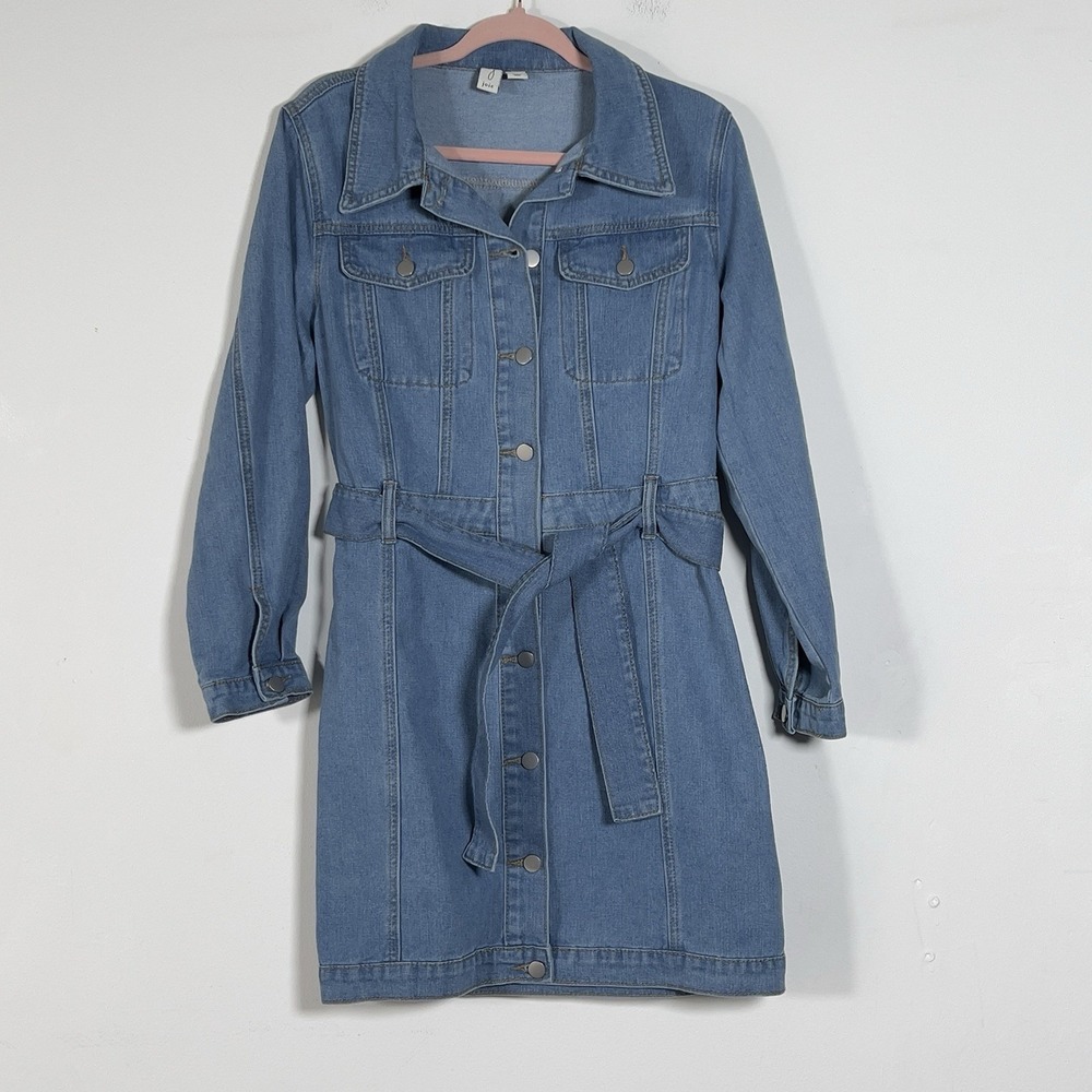Joie Denim Belted Shirt Dress Womens Sz L Blue Long Sleeve Button Front